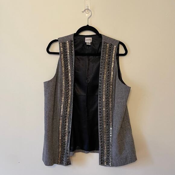 Chico's 2 open work vest cardigan beaded gray gold bohemian festival Corpcore - Picture 1 of 8